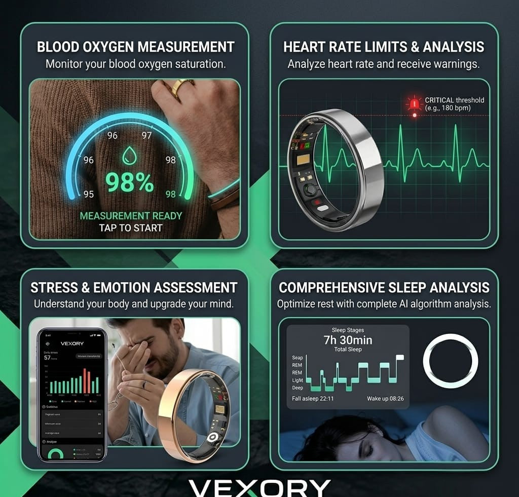 VEXORY PULSE Smart Ring - blood oxygen 98%, heart rate analysis, stress emotion assessment and comprehensive sleep analysis with AI