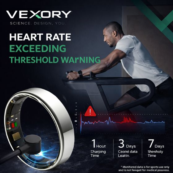 VEXORY PULSE Smart Ring Silver - real time heart rate threshold warning during workout, 1 hour charge 7 days battery
