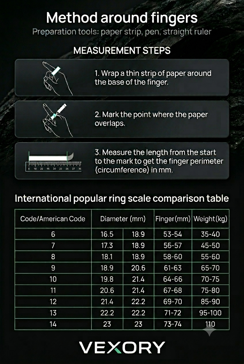 VEXORY PULSE Smart Ring - international ring size guide from size 6 to 14 in mm