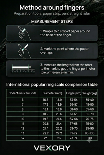 VEXORY PULSE Smart Ring - international ring size guide from size 6 to 14 in mm