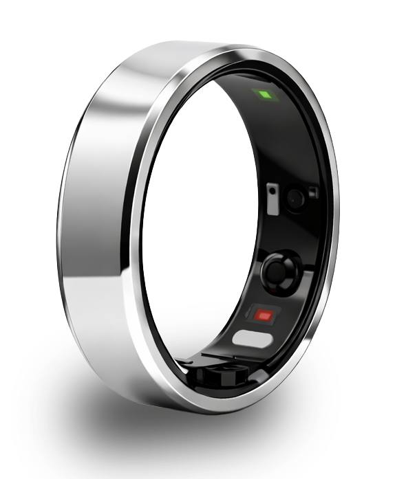 VEXORY PULSE Smart Ring Silver - side view showing internal bio-sensors with green light indicator