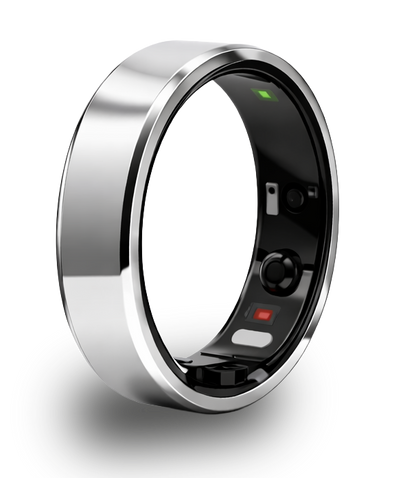 VEXORY PULSE Smart Ring Silver - side view showing internal bio-sensors with green light indicator