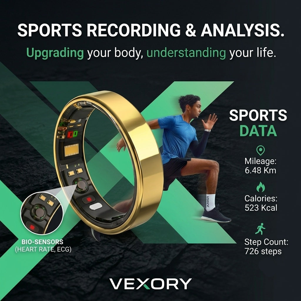 VEXORY PULSE Smart Ring Gold - sports recording and analysis with ECG bio-sensors, mileage calories and step count tracking