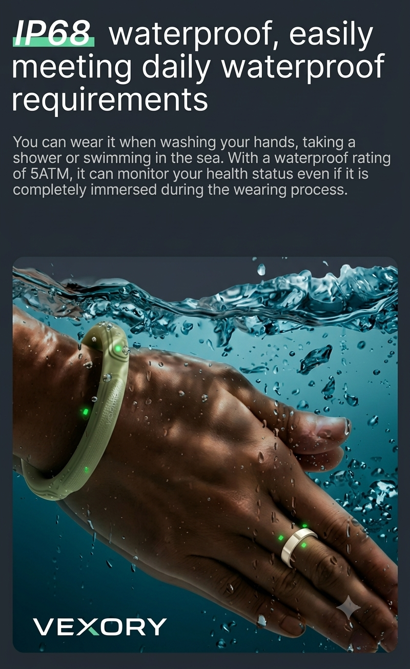 VEXORY PULSE Smart Ring - IP68 and 5ATM waterproof for swimming and daily use